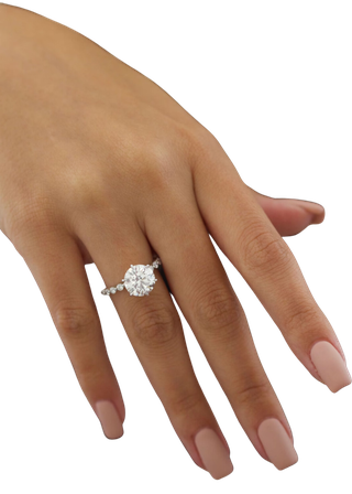 The studio&rsquo;s photograph of a finished solitaire ring on a hand
